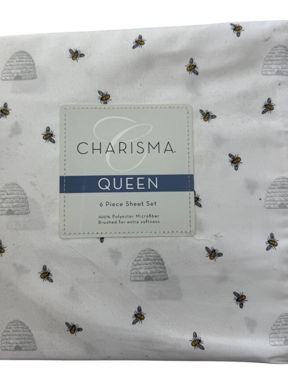 New NWT Charisma Sheet Set, Queen Honey Bee Hive Theme White Microfiber Brushed - Picture 6 of 9